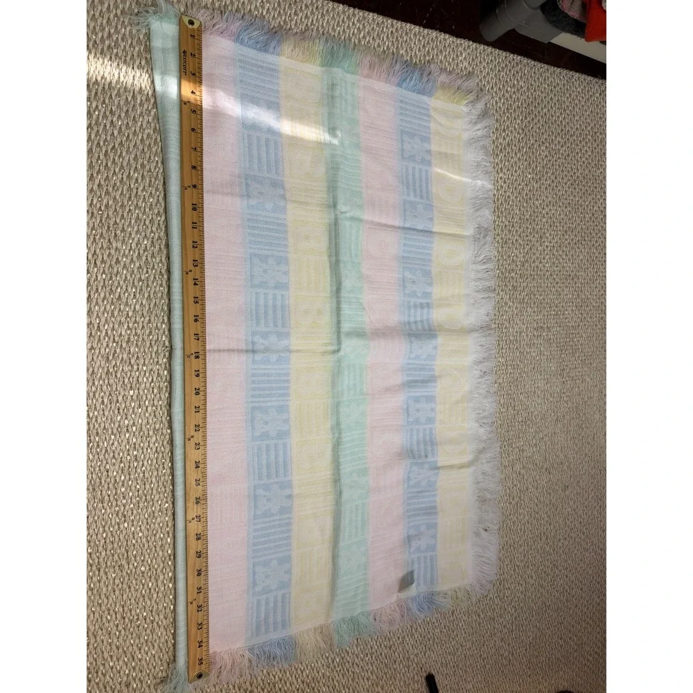 Vintage Pastel ABC Teddy Bear Baby Blanket Fringed Woven Nursery Cottagecore